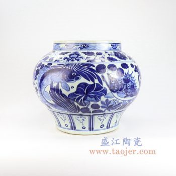 RZLQ12-景德镇陶瓷 手工手绘仿古 元青花鱼藻罐