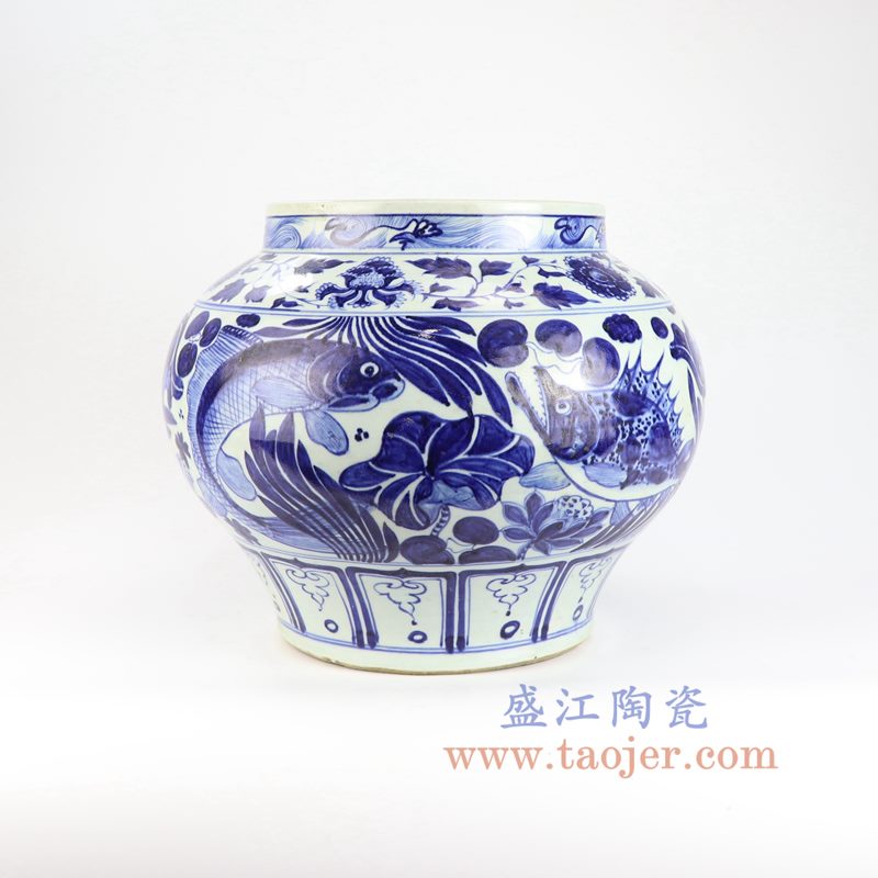 盛江陶瓷 手工手绘仿古 元青花鱼藻罐