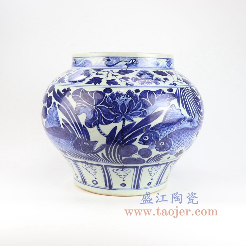 盛江陶瓷 手工手绘仿古 元青花鱼藻罐