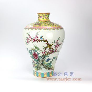 RZLS03-景德镇陶瓷 仿古纯手绘粉彩花鸟梅瓶 花插花瓶