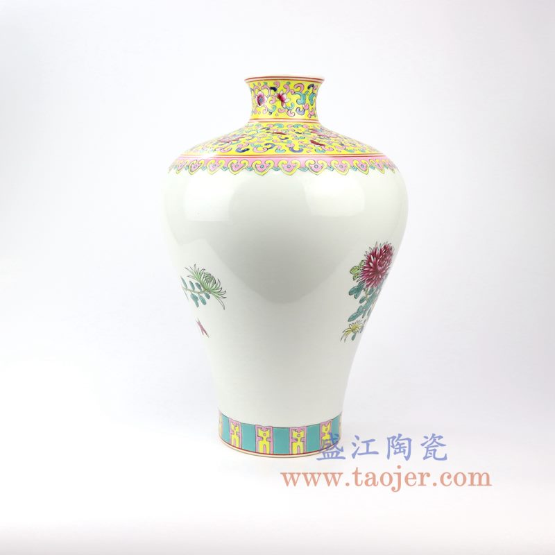 盛江陶瓷 仿古纯手绘粉彩花鸟梅瓶 花插花瓶
