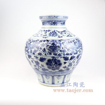 RZNI03-景德镇陶瓷  仿古 元青花 手绘 凤凰 狗头 缠枝牡丹瑞兽纹 双耳罐