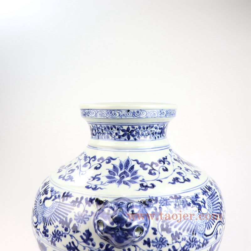 盛江陶瓷 仿古 元青花 手绘 凤凰 狗头 缠枝牡丹瑞兽纹 双耳罐