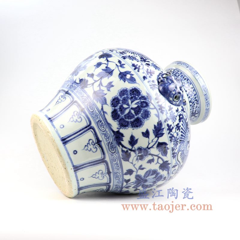 盛江陶瓷 仿古 元青花 手绘 凤凰 狗头 缠枝牡丹瑞兽纹 双耳罐