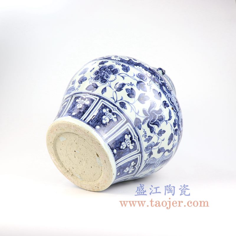 盛江陶瓷 仿古 元青花 龙纹蓝底 凤凰 双耳罐