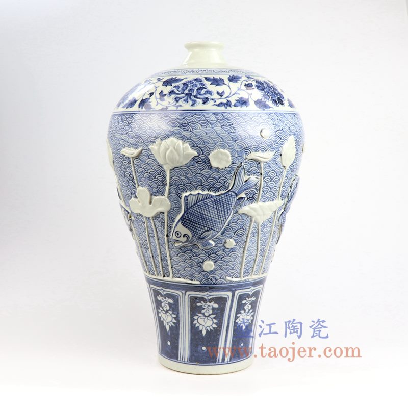 盛江陶瓷 元青花雕刻鱼草 仿古手绘 海水波浪纹 牡丹 梅瓶
