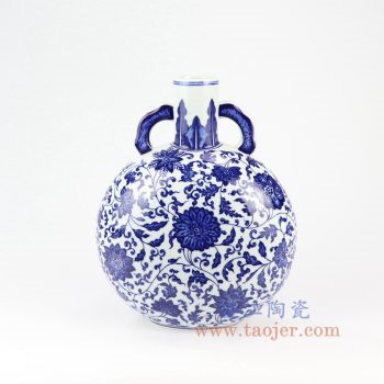 RZNK01-景德镇陶瓷 仿清手绘青花缠枝莲纹扁瓶  古玩摆件收藏