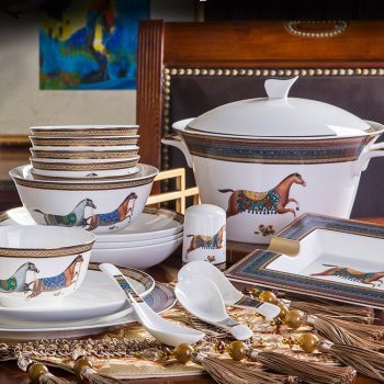 WEIYI-06景德镇陶瓷骨瓷餐具碗碟简约高档美式碗盘 家用送礼 60头双福马