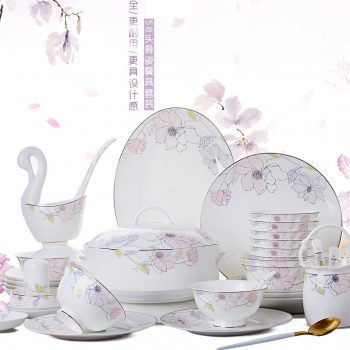 ZPK-214景德镇骨瓷餐具碗碟套装 家用欧式简约盘碟组合清新送礼 58头芙蓉