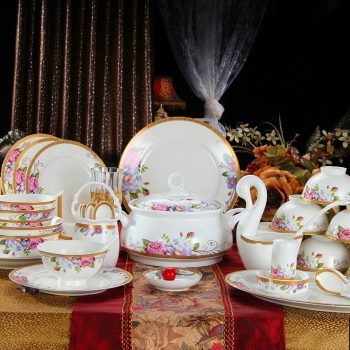 ZPK-222景德镇陶瓷餐具套装56头骨瓷如意金边中韩式碗盘碟套装礼品
