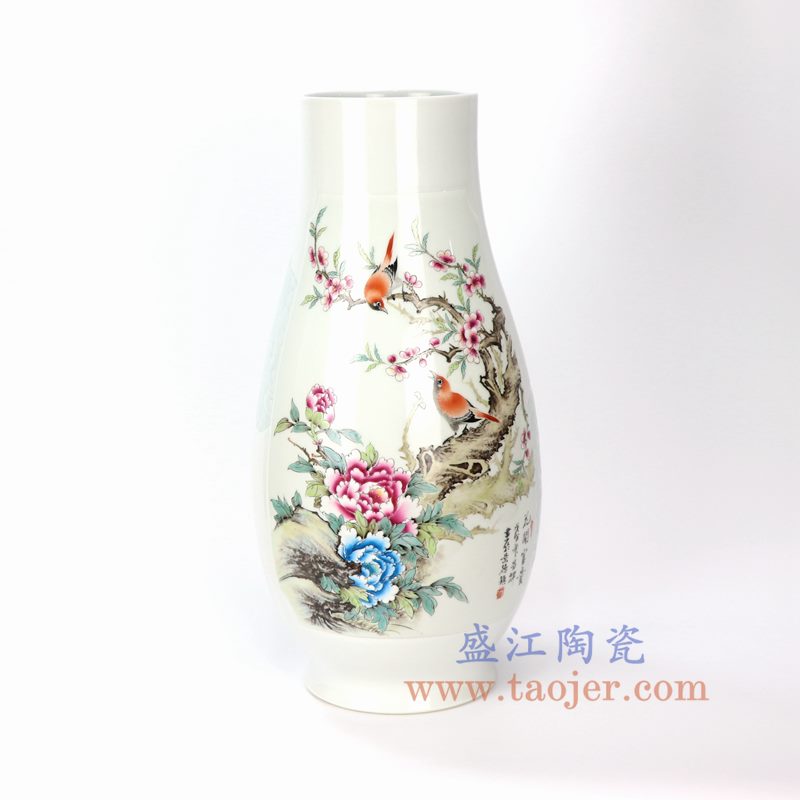 盛江陶瓷 手绘粉彩花开富贵花插花瓶