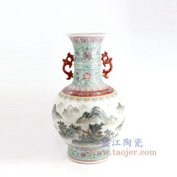 RZAI19-_景德镇陶瓷 仿古手绘粉彩开窗山水图赏瓶 客厅家居装饰品摆件