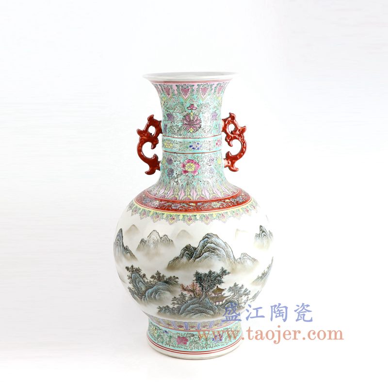 盛江陶瓷 仿古手绘粉彩开窗山水图赏瓶 客厅家居装饰品摆件