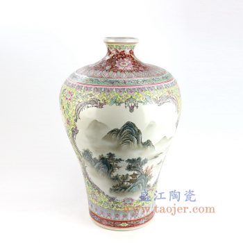 RZAi08 景德镇陶瓷 仿古手绘粉彩开窗山水图梅瓶