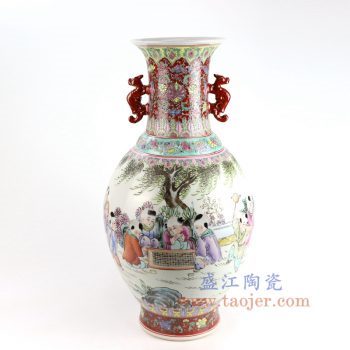 RZAI11_景德镇陶瓷 仿古手绘粉彩童子图双耳花插花瓶