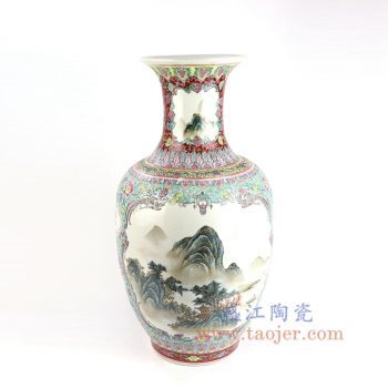RZAI14_景德镇陶瓷 仿古手绘粉彩开窗山水图花瓶