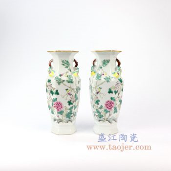 RZIH07_景德镇陶瓷 清同治年制全手工手绘粉彩牡丹六方瓶花瓶仿古瓷器摆件 古董古玩