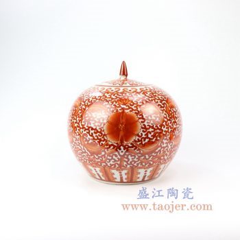 RZIH09_景德镇陶瓷 纯手工矾红缠枝带盖西瓜罐