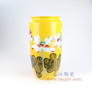 RZNP04_景德镇陶瓷 名家手绘黄色荷花瓶插花器新中式家居客厅酒店装饰摆件
