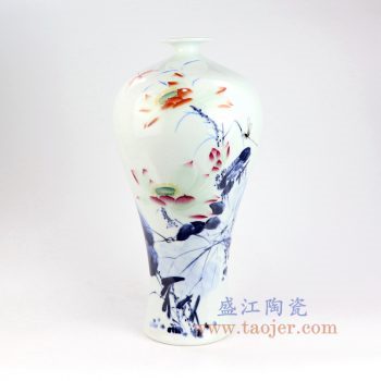 RZNP07景德镇陶瓷 手绘青花斗彩荷韵梅瓶家居摆件