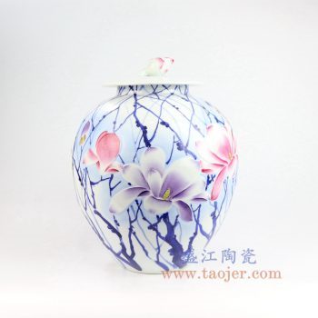 RZNP12_景德镇陶瓷 手绘青花斗彩雕刻花朵带盖储物罐