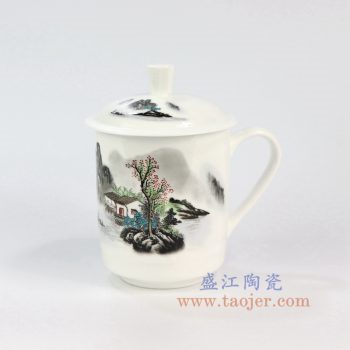 ZPK889-B_景德镇陶瓷 纯手工 山水人家 高骨瓷办公杯
