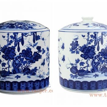 RYAU32-A-B 景德镇陶瓷 手工青花瓷大号茶叶罐普洱七子饼茶缸 储物罐丝瓜蝴蝶瓜果 茶饼罐