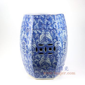 RYWM06_景德镇陶瓷 纯手工青花铜钱六方蝴蝶喜字蓝底白花瓷凳凉墩凳子