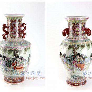 RZAI16-17-景德镇陶瓷 仿古民国厂货手绘粉彩仕女图双耳花瓶
