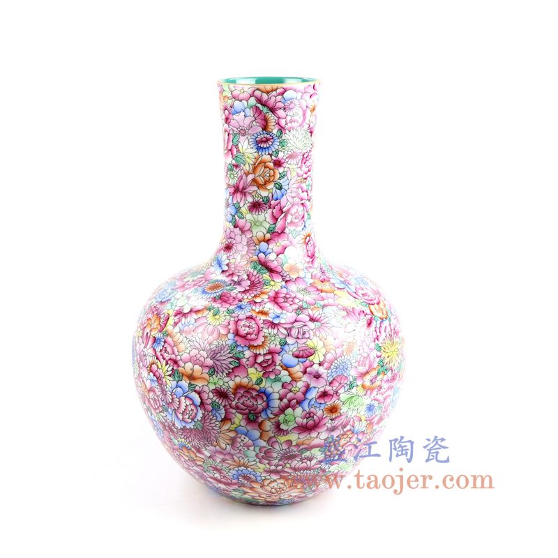 盛江陶瓷 重工粉彩万花天球瓶