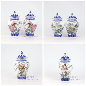 RZNW01-02-03-29-景德镇陶瓷 仿清手绘釉上青花斗彩粉彩花鸟山水将军罐