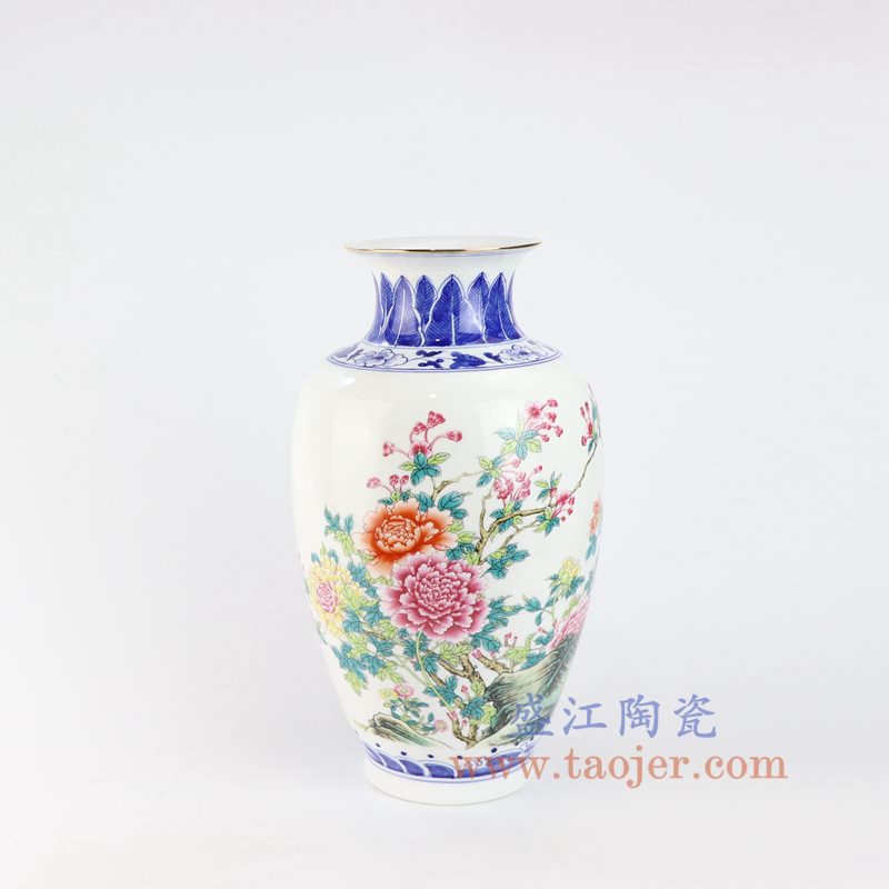 盛江陶瓷 仿清手绘釉上青花斗彩粉彩花鸟山水花瓶