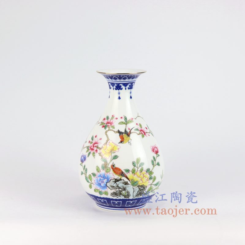 盛江陶瓷 仿清手绘釉上青花斗彩粉彩花鸟山水花瓶