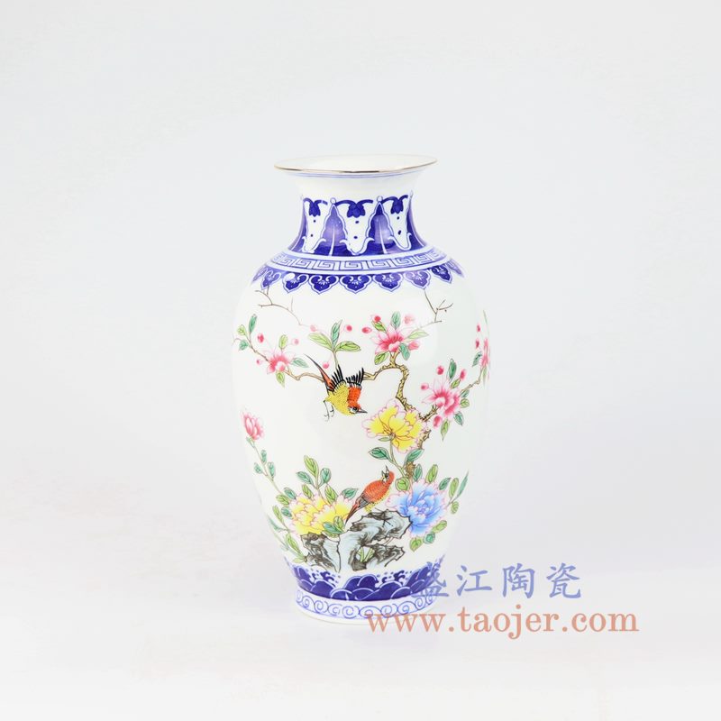 盛江陶瓷 仿清手绘釉上青花斗彩粉彩花鸟山水花瓶