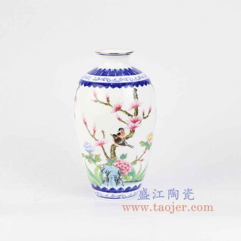 盛江陶瓷 仿清手绘釉上青花斗彩粉彩花鸟山水花瓶