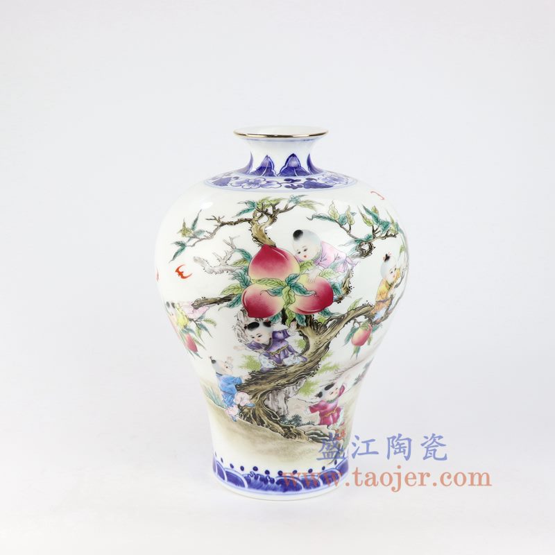盛江陶瓷 仿清手绘釉上青花斗彩粉彩花鸟山水花瓶