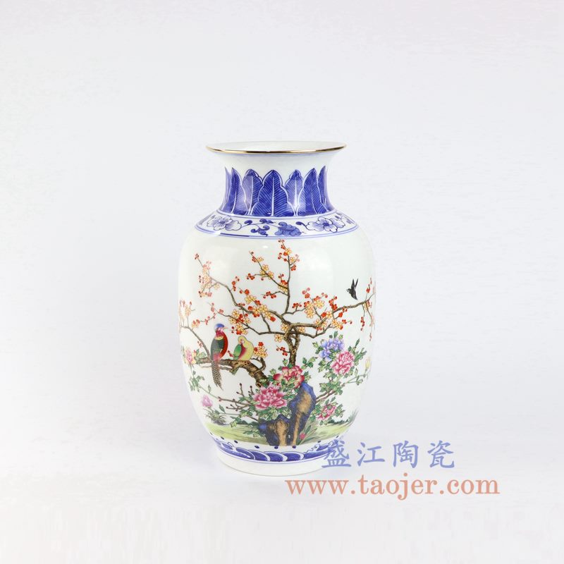 盛江陶瓷 仿清手绘釉上青花斗彩粉彩花鸟山水花瓶
