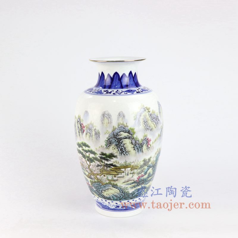 盛江陶瓷 仿清手绘釉上青花斗彩粉彩花鸟山水花瓶
