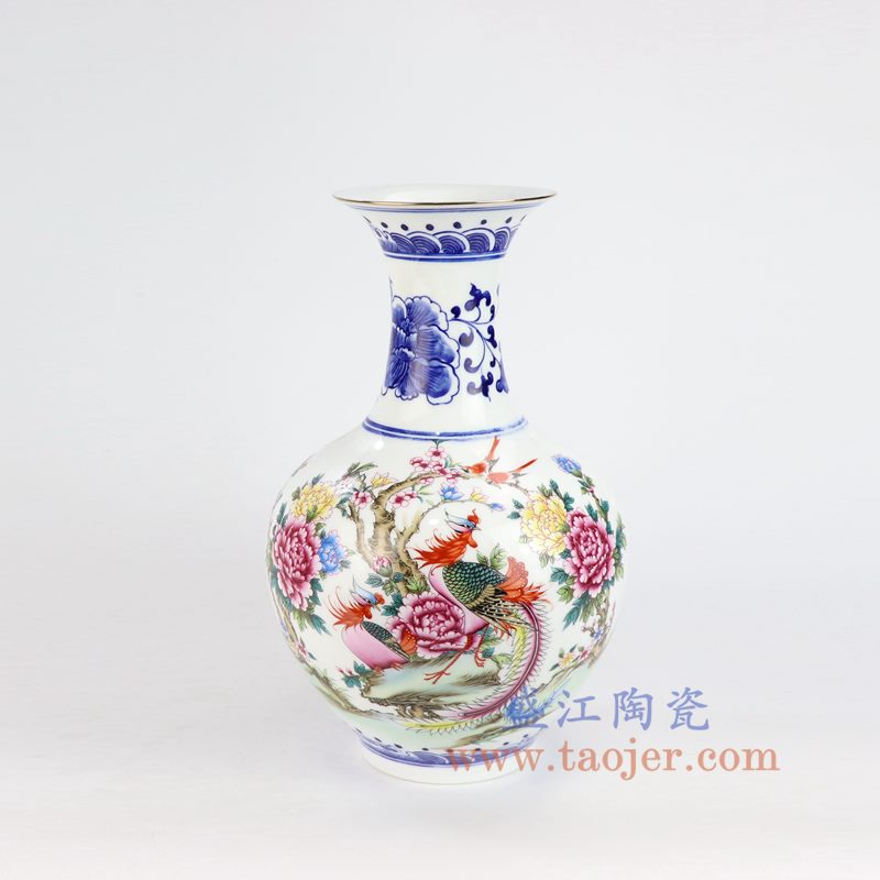 盛江陶瓷 仿清手绘釉上青花斗彩粉彩花鸟山水花瓶