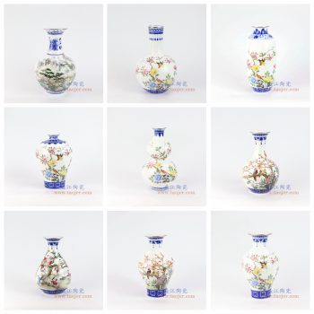 RZNW14-25-景德镇陶瓷 仿清手绘釉上青花斗彩粉彩花鸟山水花瓶
