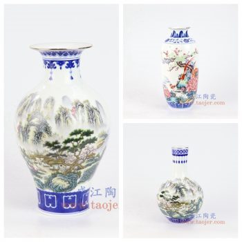 RZNW26-28-景德镇陶瓷 仿清手绘釉上青花斗彩粉彩花鸟山水花瓶