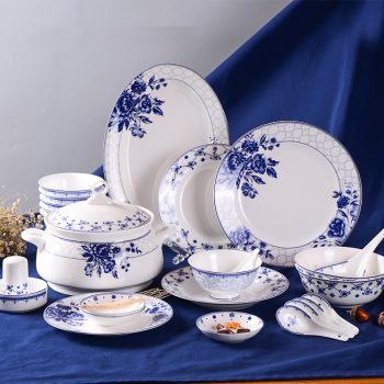 ZPK-258-景德镇青花瓷陶瓷餐具套装中式骨瓷碗碟套装家用碗盘子 50头蓝田