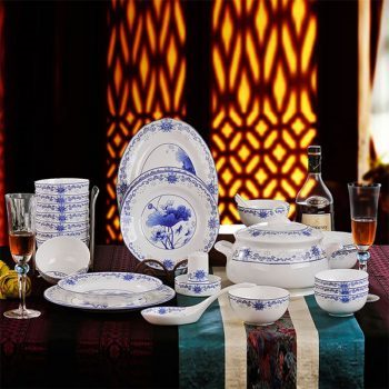 ZPK-251-景德镇陶瓷器 56头骨瓷餐具套装碗盘碟 青花瓷碗套装青花玲珑荷花