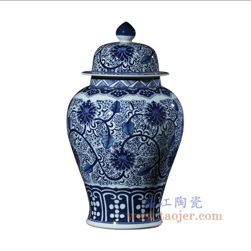 盛江陶瓷 仿古手绘青花釉里红缠枝莲将军罐