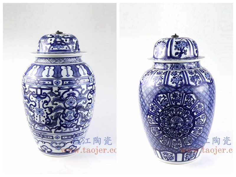 盛江陶瓷 仿古手绘青花铜勾带盖陶瓷罐 储物罐