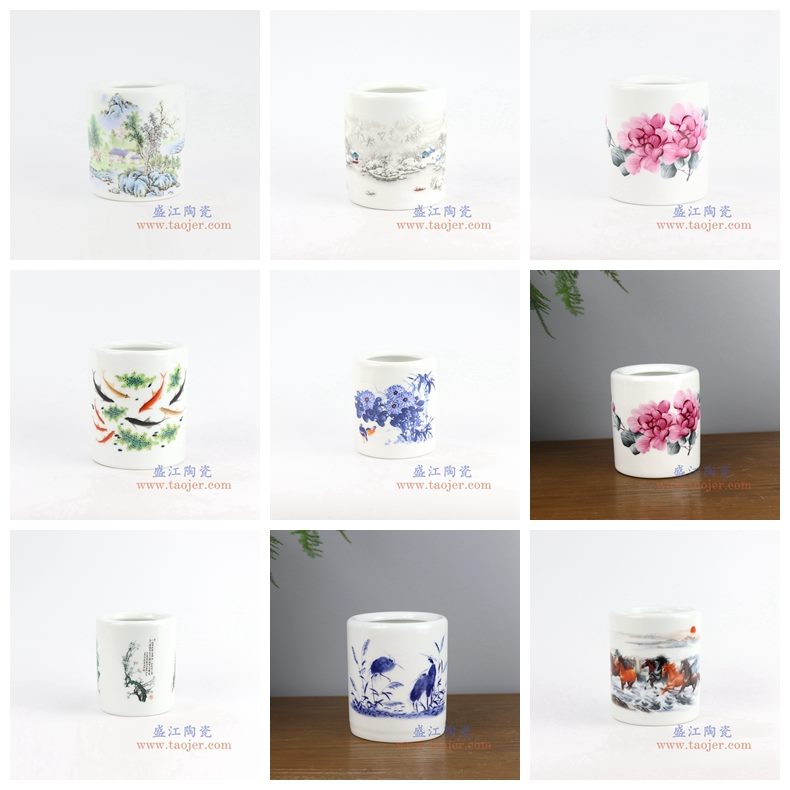 盛江陶瓷 纯手工粉彩山水 笔筒 文房四宝 小号
