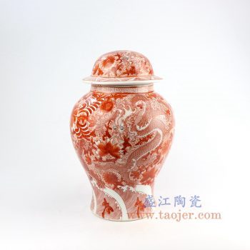 DS-RZIS12-景德镇陶瓷 纯手工手绘矾红龙纹陶瓷将军罐