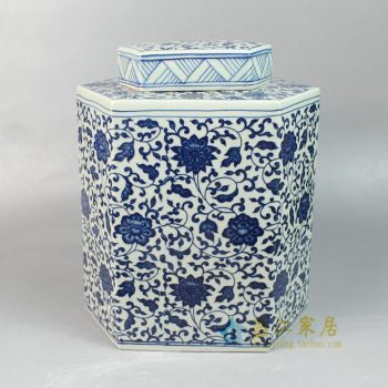 RYYN02-景德镇陶瓷 纯手工手绘青花缠枝六方茶叶罐