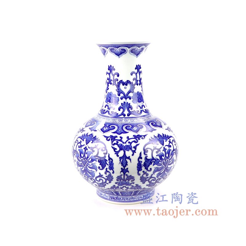 盛江陶瓷 手绘仿古青花富贵如意瓶新中式客厅插花装饰礼品摆件
