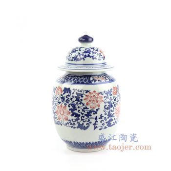 RZBV06-景德镇陶瓷 纯手工 青花釉里红缠枝莲带盖陶瓷罐 茶叶罐 储物罐